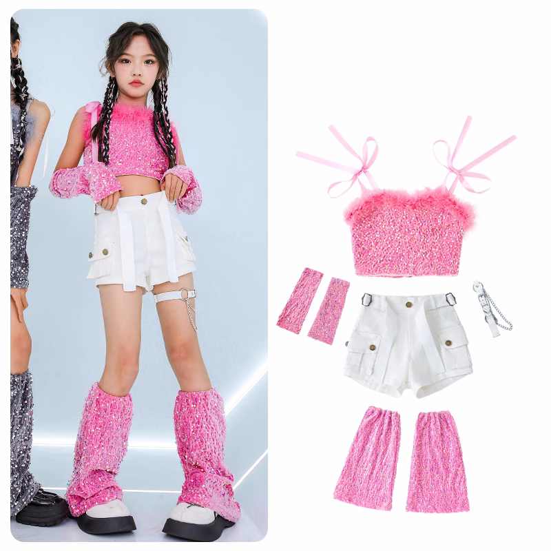 Girls Jazz Dancing Costumes Pink Silver Sequin Glitter Model Catwalk Performance Clothing Rapper Singer Group Dance Outfits for Kids - Moderndancedress.com