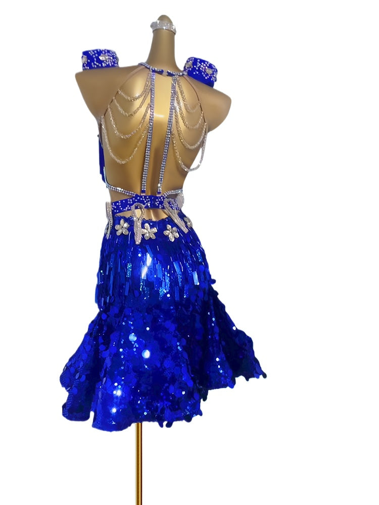 Custom Size Royal Blue Navy Sequins Latin Dance Dresses for Women Girls Salsa Rumba Latin Costumes