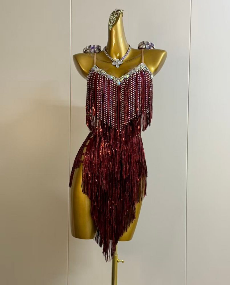Custom Blue & Purple Sequin Latin Dance Dress Rhinestone Salsa Gown