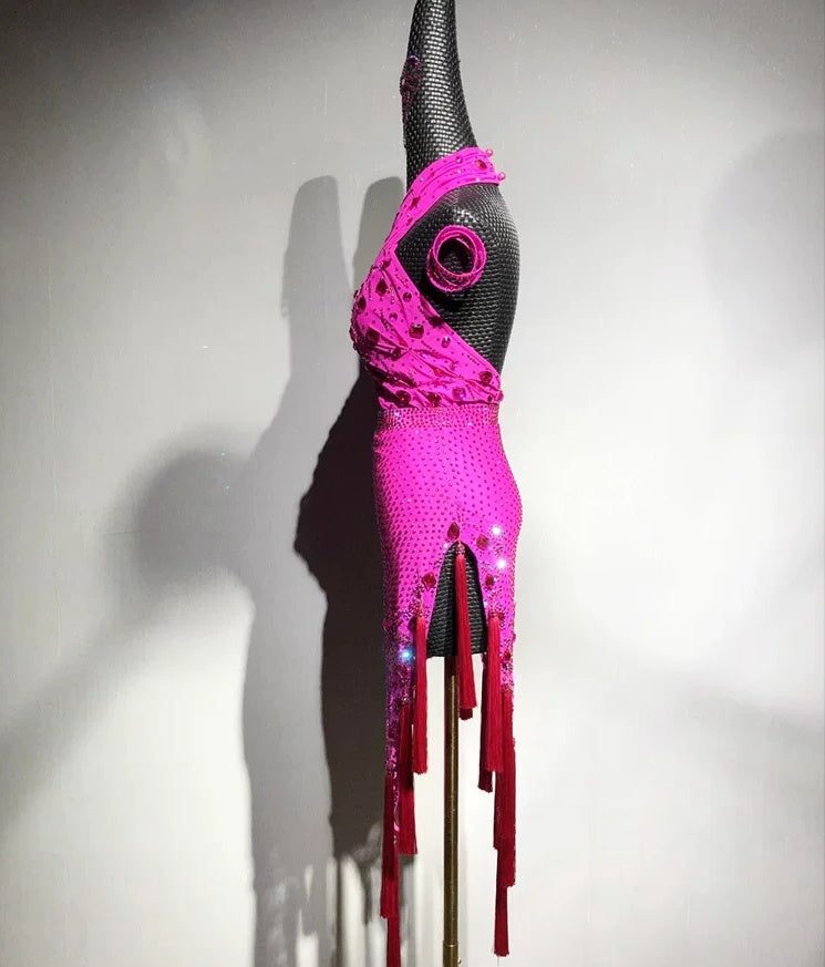 Custom Hot Pink Latin Dance Dress with Rhinestones & Fringe Blue Ballroom Competition Outfit