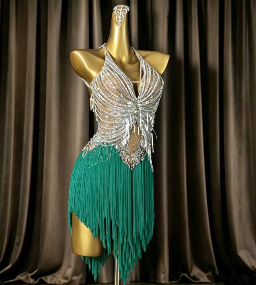 Custom Size Professional Hot Pink Tassel Latin Rhythm Dress with Silver Crystals