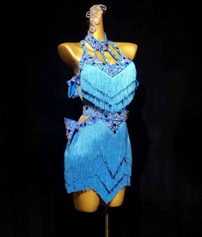 Custom Sparkly Rhinestone Latin Dance Dress | Blue Tassel Rhythm Salsa Ballroom Dancing Skirt