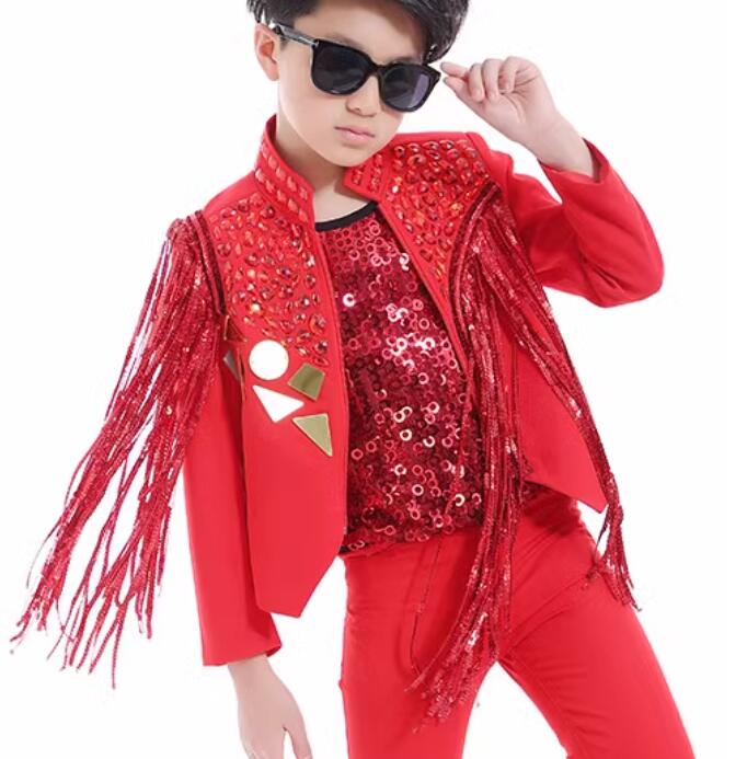 Boys Red Rhinestones Jazz Dance Costume Singer Host Drummer Performance Gogo Dancers Music Production Outfits Stage Dancewear - Moderndancedress.com