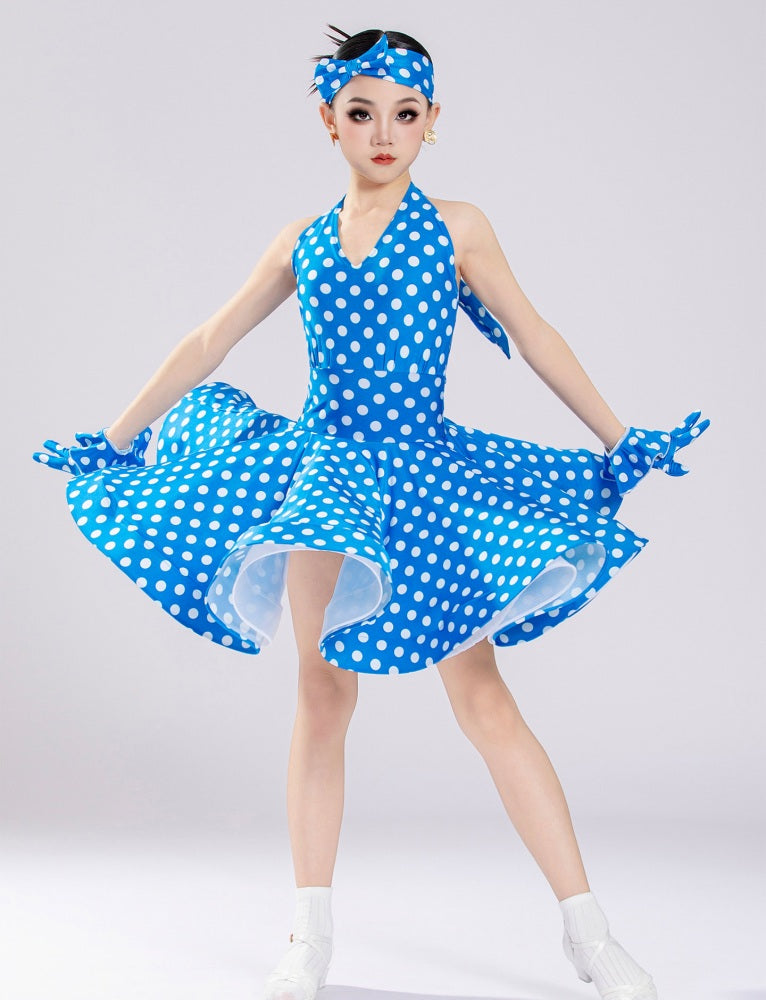 Blue & Red Polka Dot Latin Dance Dress for Girls - Professional Ballroom Performance Outfit