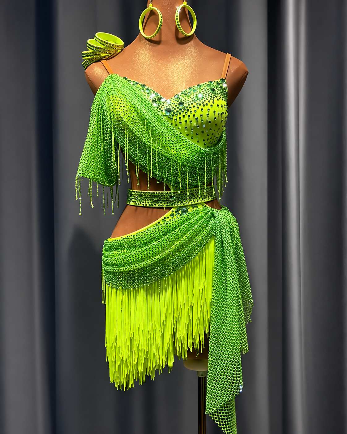 Custom Turquoise Latin Competition Dance Dress Fringe Salsa Gown