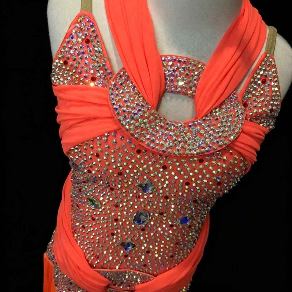 Custom Turquoise Halter Latin Performance Dress - Hot Pink Coral Crystal Ring Dancewear
