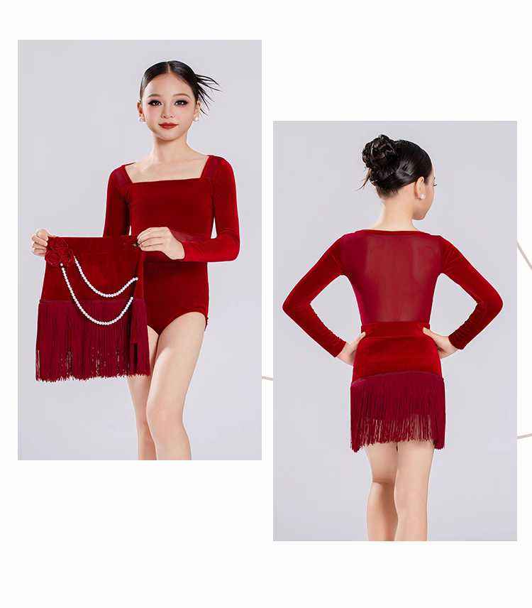 Girls Latiin Dance Dresses Dark Green Wine Velvet Salsa Rumba Chacha Solo Latin Dance Costumes for Kids