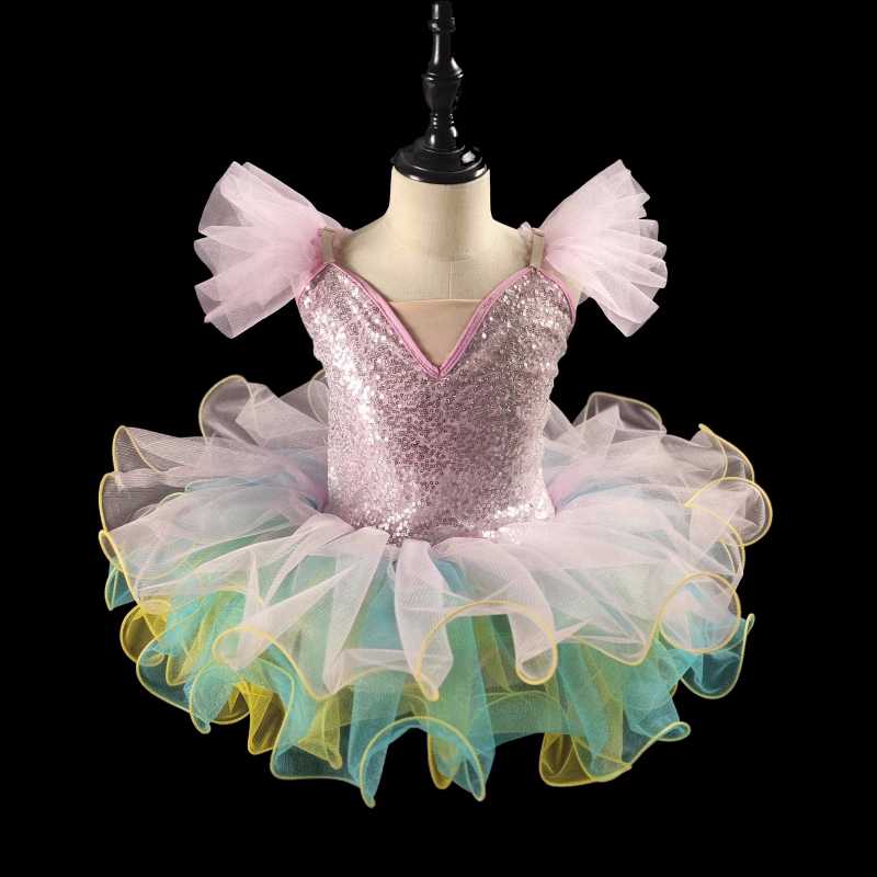 Girls Toddlers Jazz Dance Costumes Yellow Sequins Kindergarten Pink Blue Tutu Skirt Girls Ballerina Ballet Dance Dresses - Moderndancedress.com