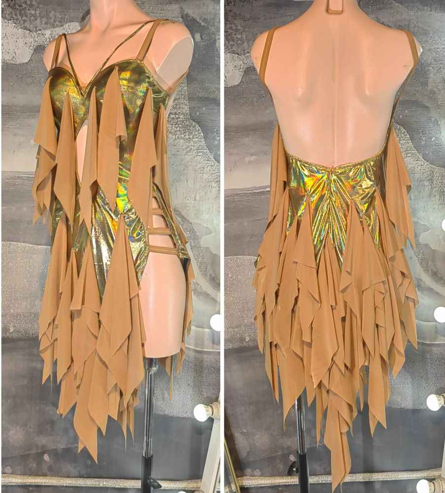 Custom Size Gold Latin Dance Dress Ruffle Fringe Salsa Cha Cha Performance Costume for Women