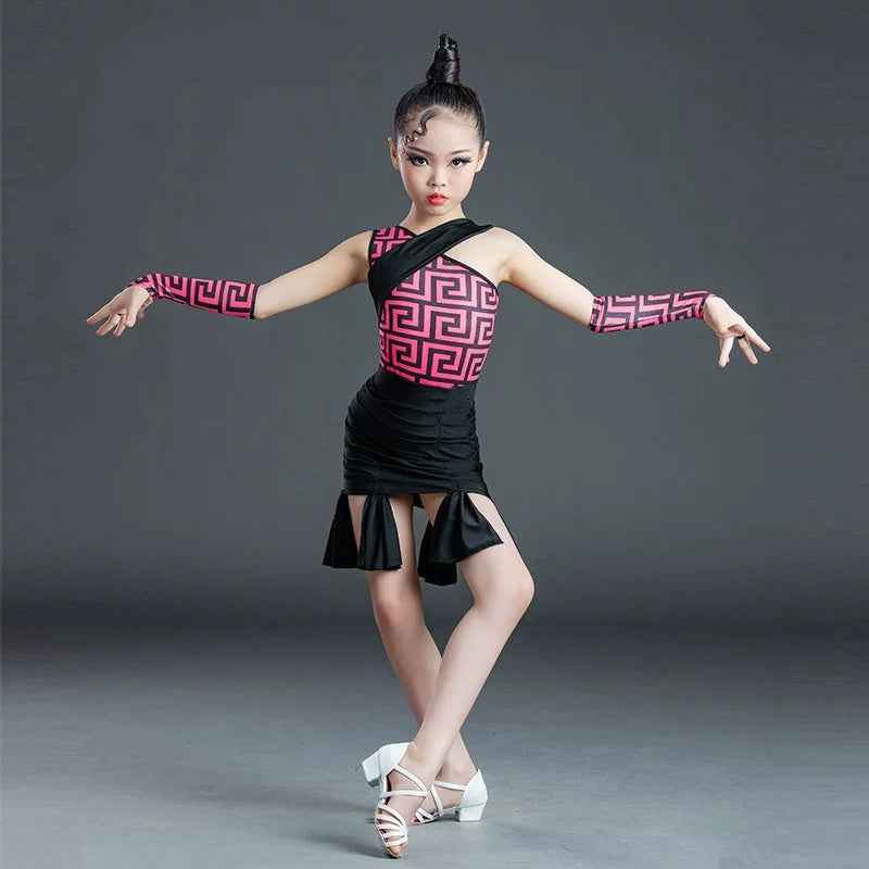 Girls Latin Dance Dress Fuchsia Plaid Fringe Slant Neck Salsa Chacha Dance Costume for Kids