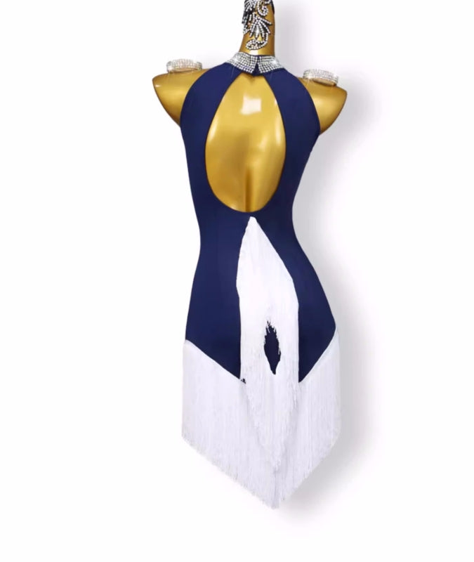 Women Girls Navy Blue Latin Dance Competition Dresses White Tassels Rumba Samba Chacha Salsa Party Performance Dance Costumes for Female - Moderndancedress.com