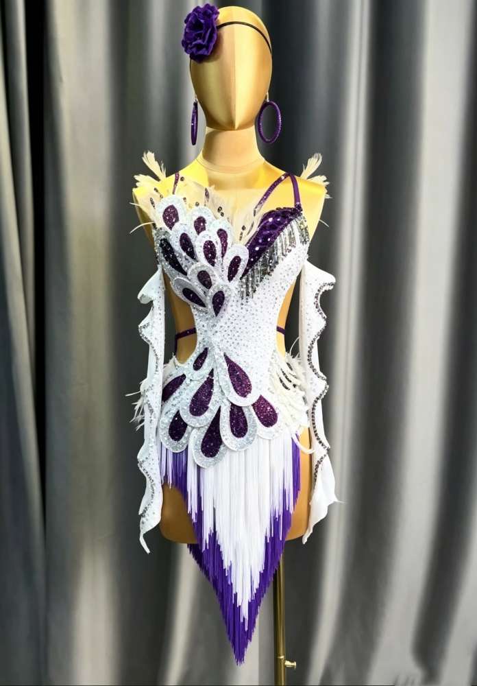 Custom Purple Petals Latin Competition Dress Salsa Blackpool Stage Wear