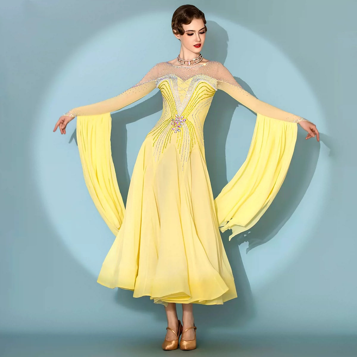 Custom Yellow Ballroom Dance Dress Rhinestone Waltz Foxtrot Smooth Competition Gown