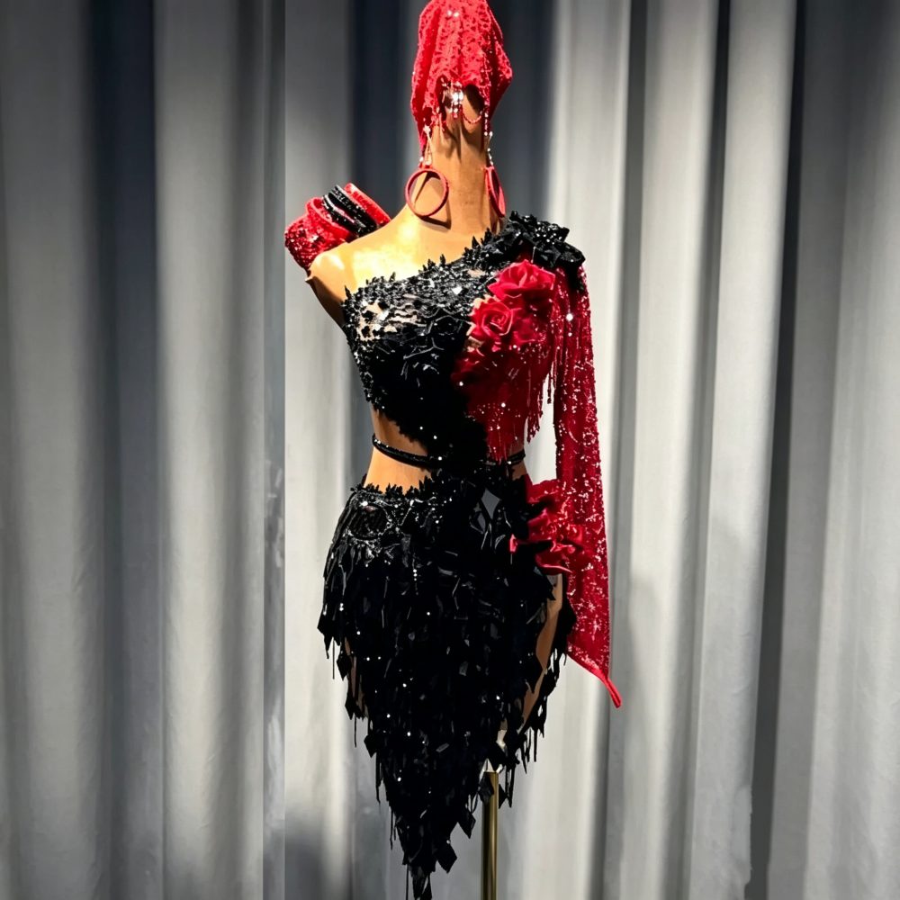 Custom Red & Black Lace Latin Dance Dress - Professional Paso Doble Costume
