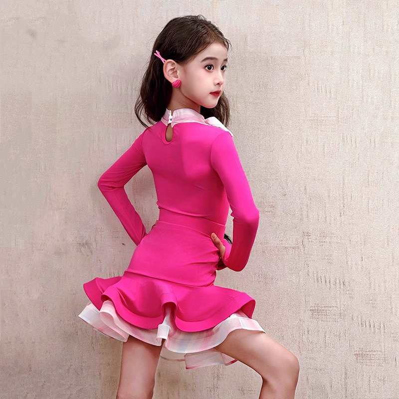 Girls Latin Dance Dresses Pink Salsa Rumba Chacha Performance Costumes Kids Training Performance Set