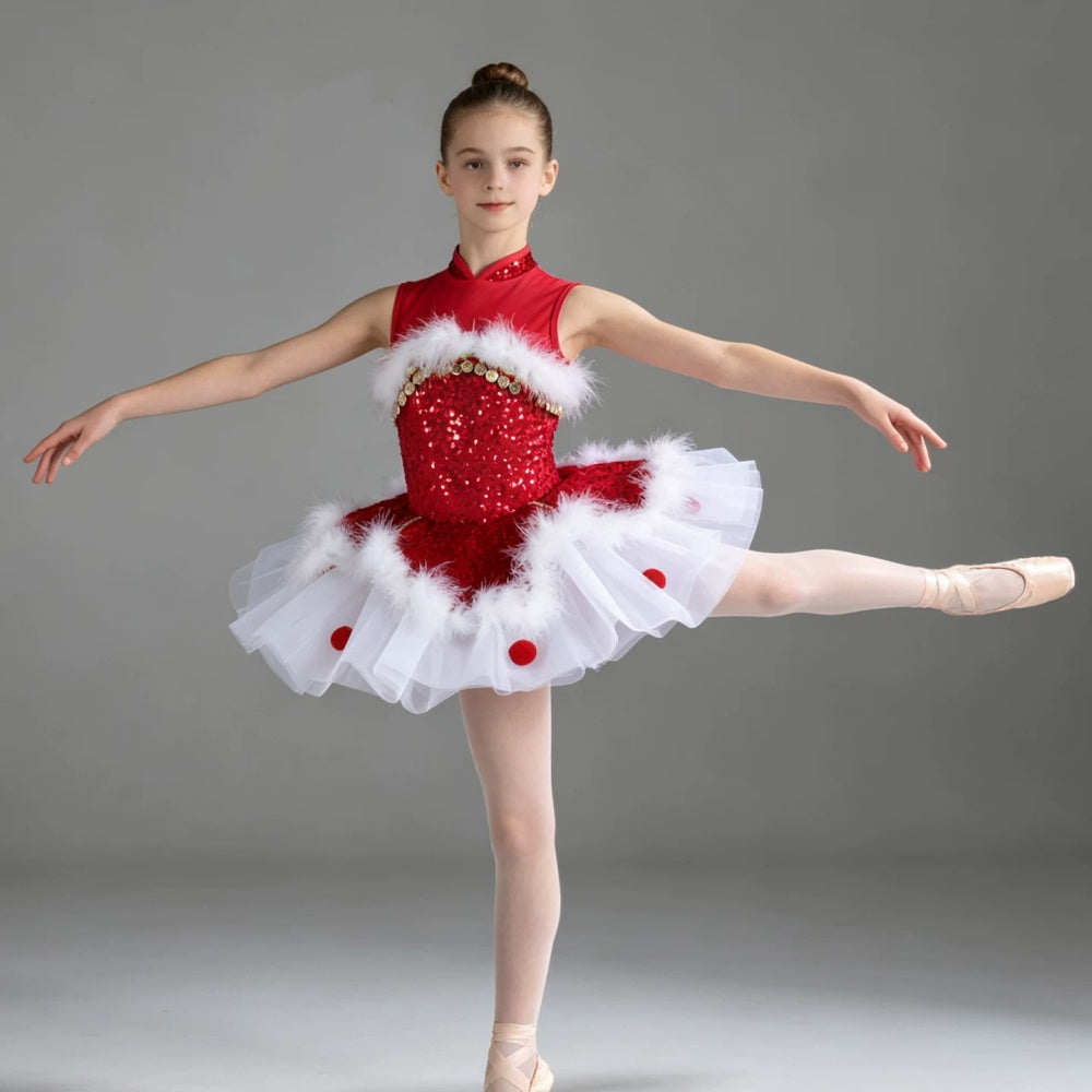 Girls Christmas Sequined Ballet Tutu - Kids Jazz Party Dance Costume with Feather Trim