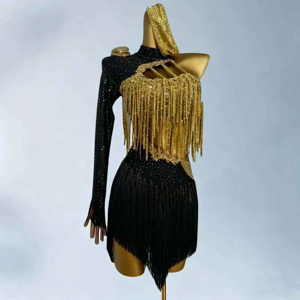 Custom Size Competition Black with Gold Fringe Latin Dress Salsa Rumba Chacha Red Dance Costumes