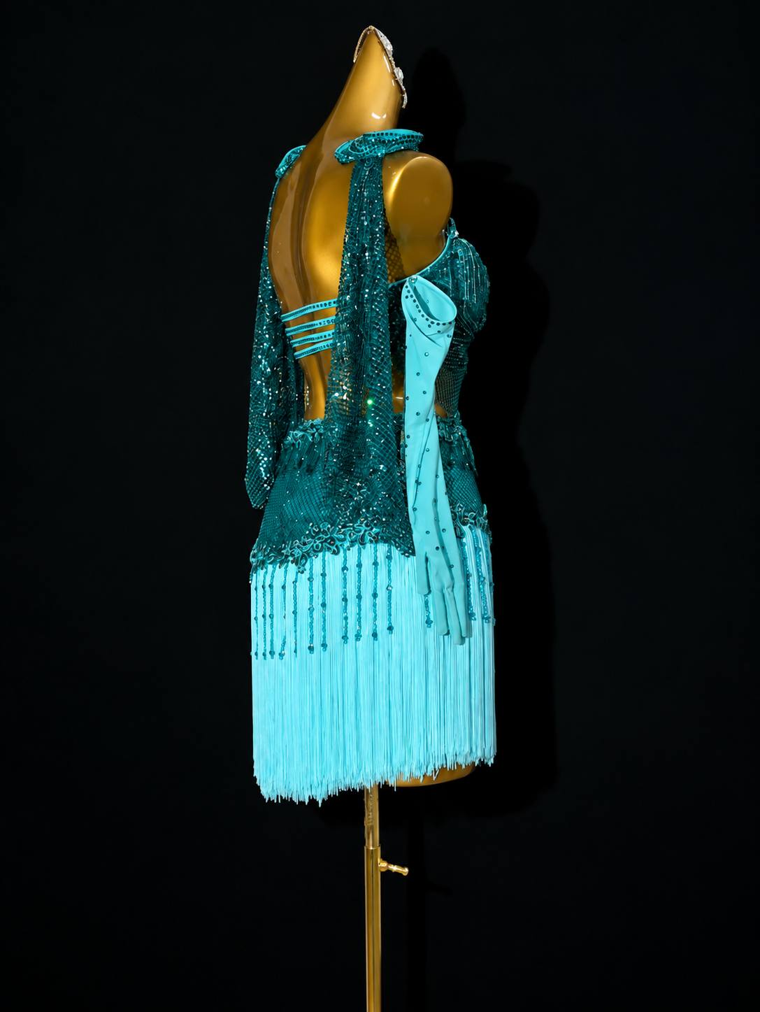 Custom Turquoise Fringe Competition Latin Dance Dress with Rhinestones Salsa Chacha Costume