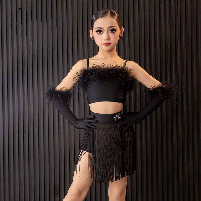 Blue White Fringe Fether Girls Latin Dance Dresses Kids Salsa Rumba Chacha Tassel Professional Performance Costumes