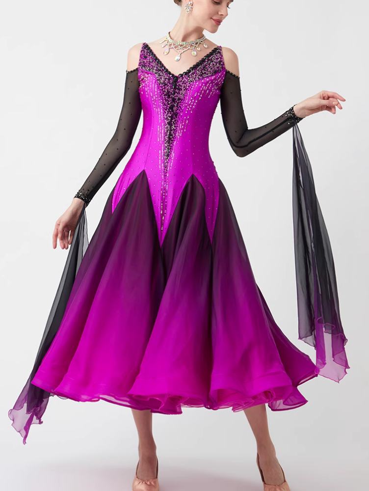 Custom Size Fuchsia Gradient Competition Ballroom Dance Dresses for Women Girls National Standard Waltz Tango Dance Long Gown - Moderndancedress.com