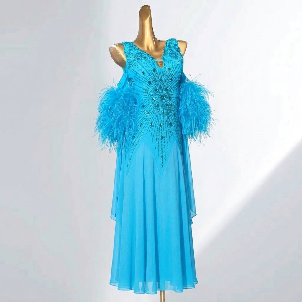 Custom Blue Red American Smooth Dress Ballroom Competition Dance Gown with Feathers & Crystals