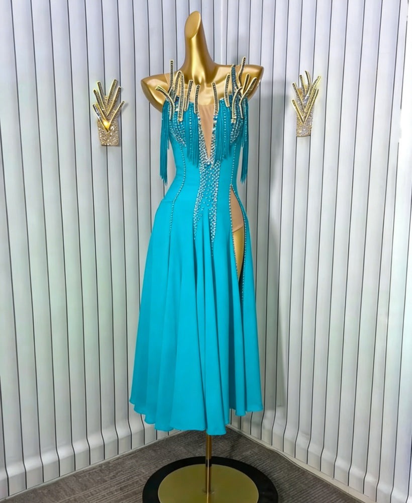 Custom Size Turquoise Blue American Smooth Dance Dresses-Flowing Competition Dress with Deep Open Back Side Slits