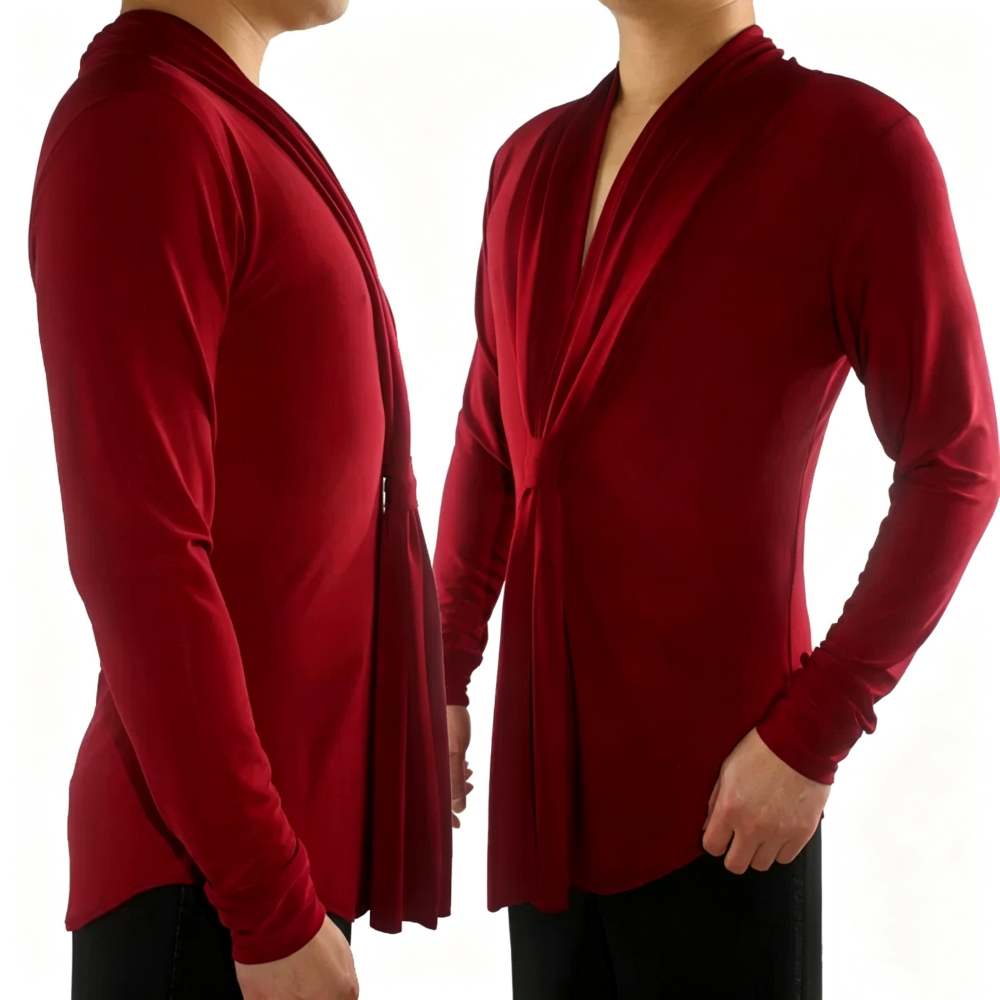 Men's Red Latin Dance Shirt - Deep V-Neck Long Sleeve Ballroom Top