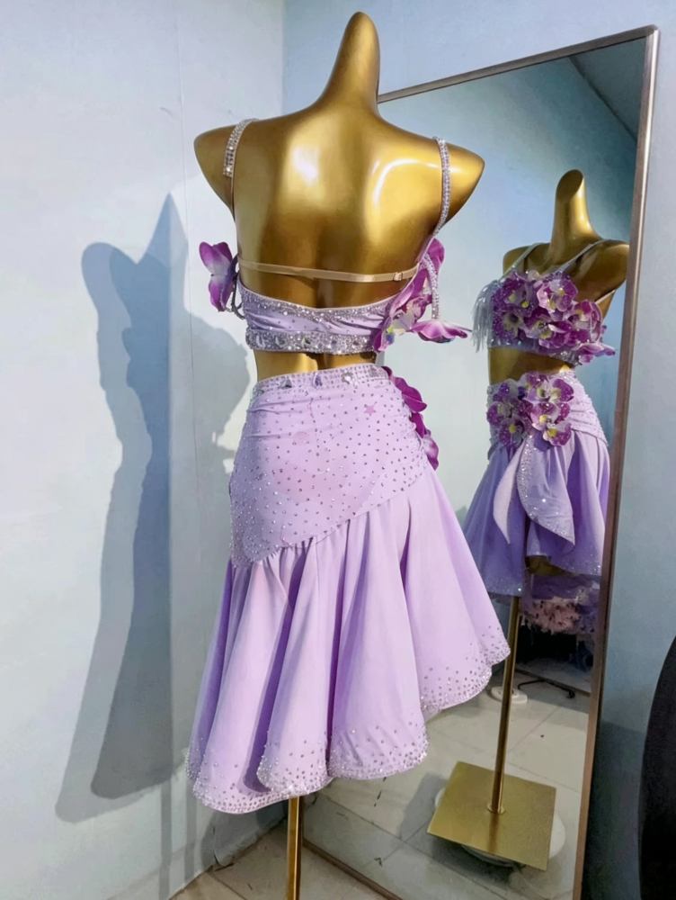 Custom Size Lavender 3D Floral Latin Dance Dress Hand-Made Rhinestone Salsa Dress for Professional Dancers