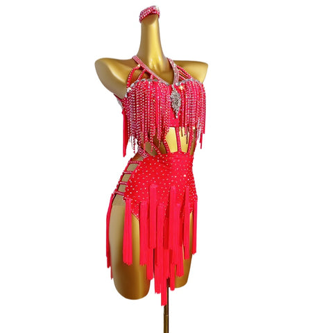Custom Size Orange Red Fringe Latin Dance Dresses for Women Girls Salsa Rumba Chacha Performance Costumes