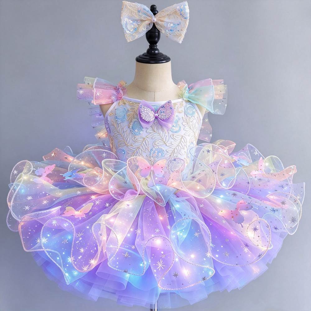 Girls LED Light-Up Rainbow Ballet Tutu Dress Pastel Jazz Party Princess Costume