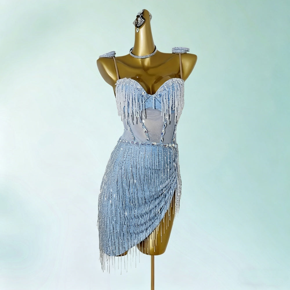 Custom Size Purple/Blue Fringe Latin Dance Dress with Rhinestones