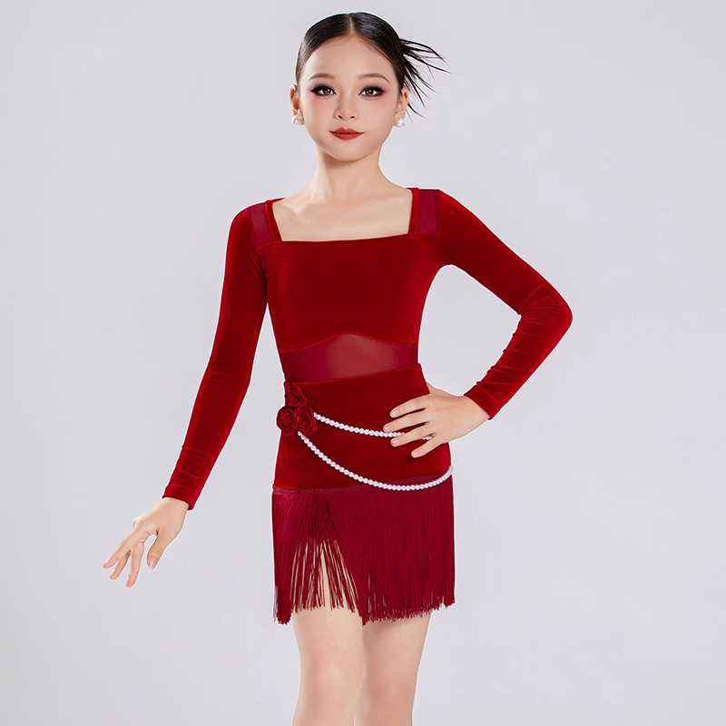 Girls Latiin Dance Dresses Dark Green Wine Velvet Salsa Rumba Chacha Solo Latin Dance Costumes for Kids