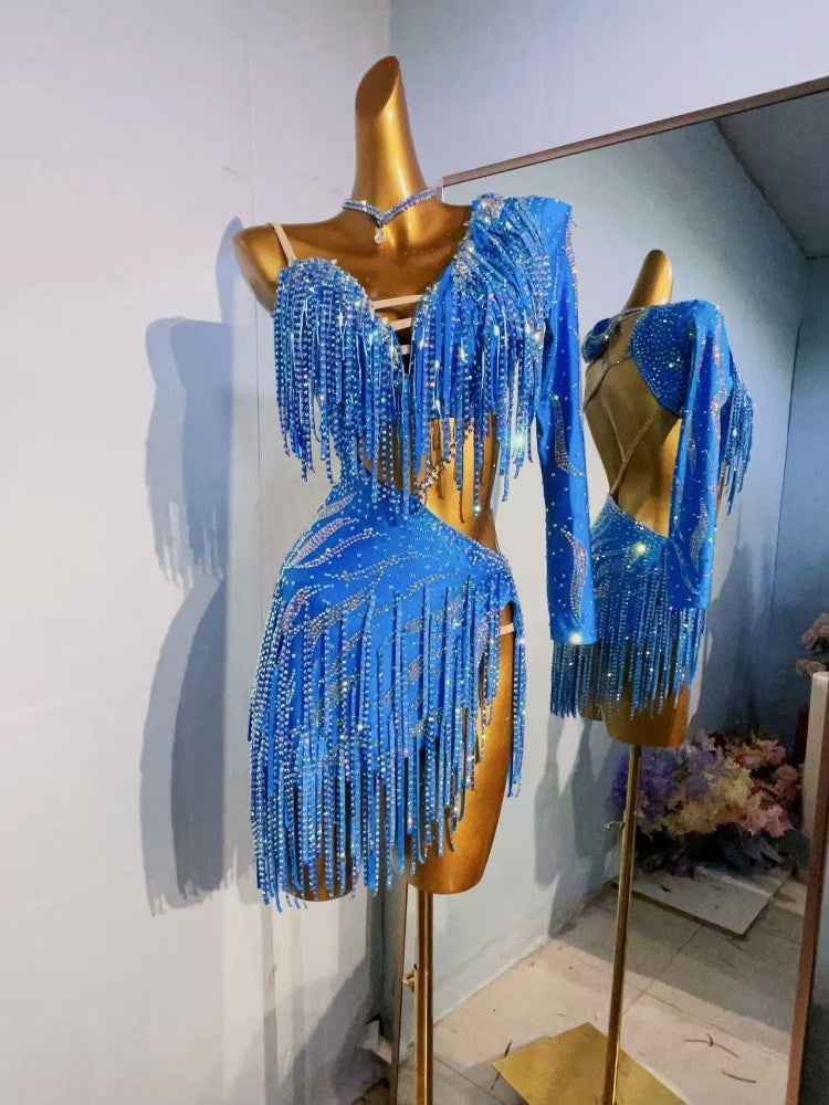 Custom Size Blue Competition Latin Dance Dresses Green Salsa Rumba Chacha Latin Dance Costumes