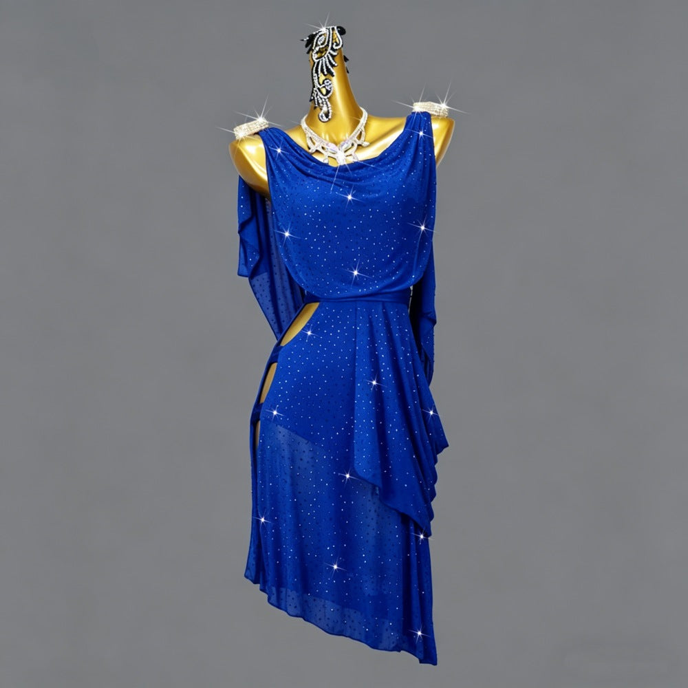 Custom Size Royal Blue Latin Dance Dress Sparkly Crystal Draped Ballroom Outfit