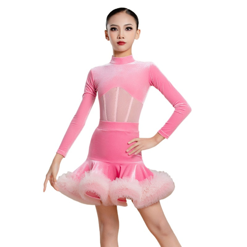 Professional Pink Turquoise Mint Competition Latin Ballroom Dance Dresses for Girls Kids Velvet Ruffles Salsa Rumba Cha Cha Jive Dance Outfits - Moderndancedress.com