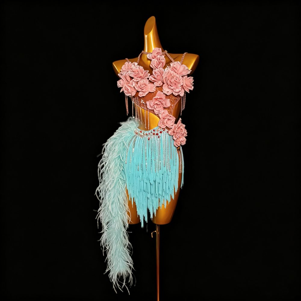 Custom Blue Fringe Latin Dance Dress - 3D Pink Floral Feather Blackpool Competition Costume