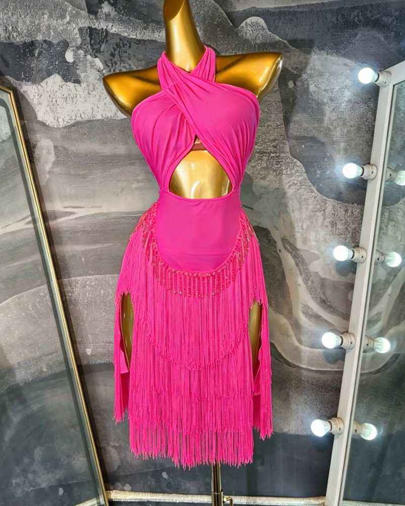 Custom Size Emerald Green Latin Dance Dress Salsa ChaCha Performance Wear with Layered Fringes