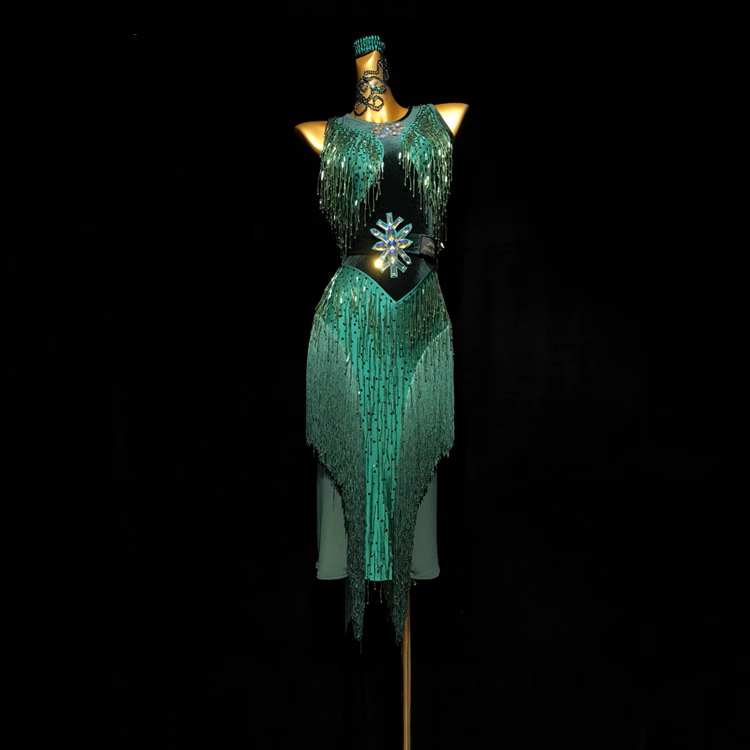 Custom Size Bling Latin Dance Dresses Dark Green Salsa Rumba Chacha Latin Dance Performance Costume