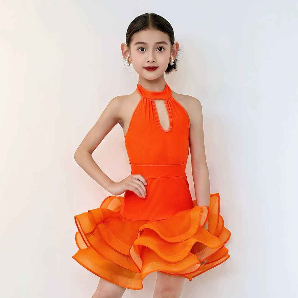 Vibrant Orange Latin Dance Dress for Girls - Stage & Competition