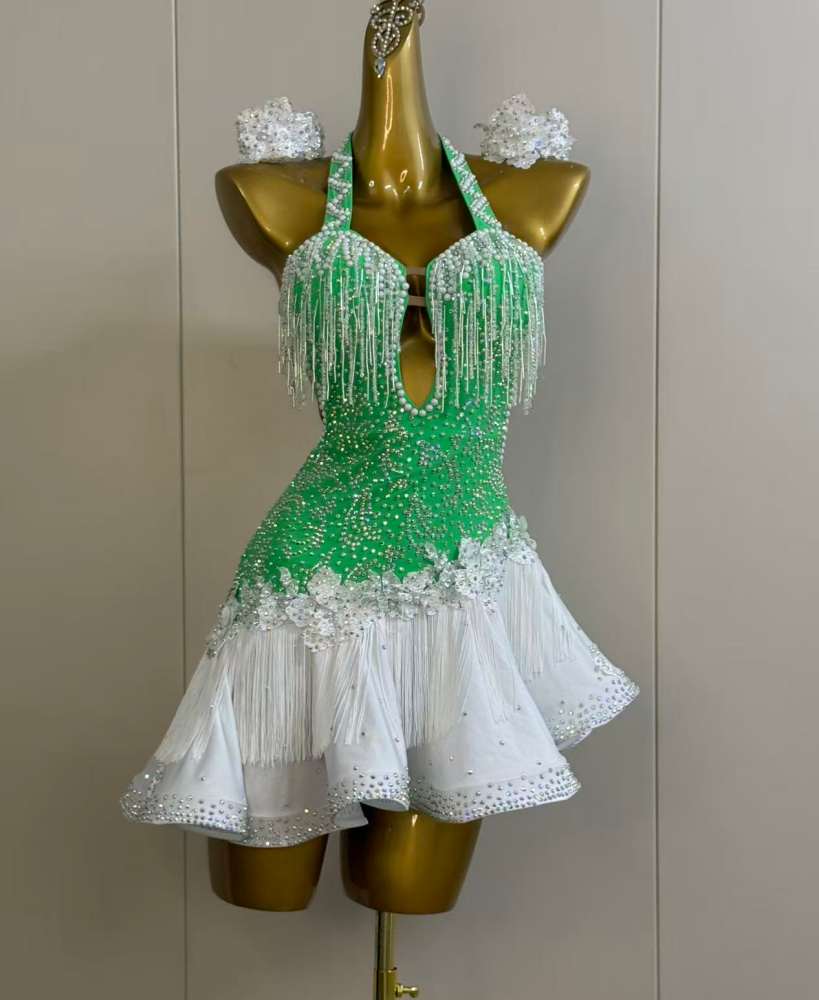 Custom Orange and White Latin Dance Dress - Rhinestone Fringe Salsa Wear