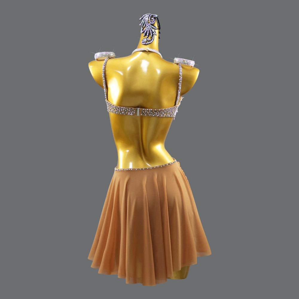 Caramel Rhinestone Latin Dress - Cut-out Ballroom Dancewear