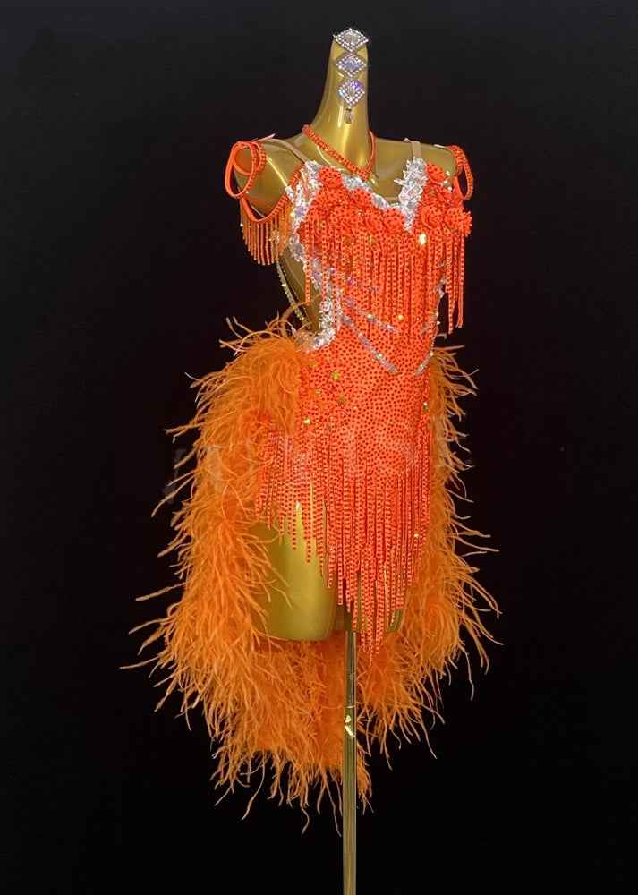 Custom Size Orange Feather Competiiton Latin Dance Dresses for Women Salsa Rumba Chacha Blackpool Tuxedo Latin Dance Costumes