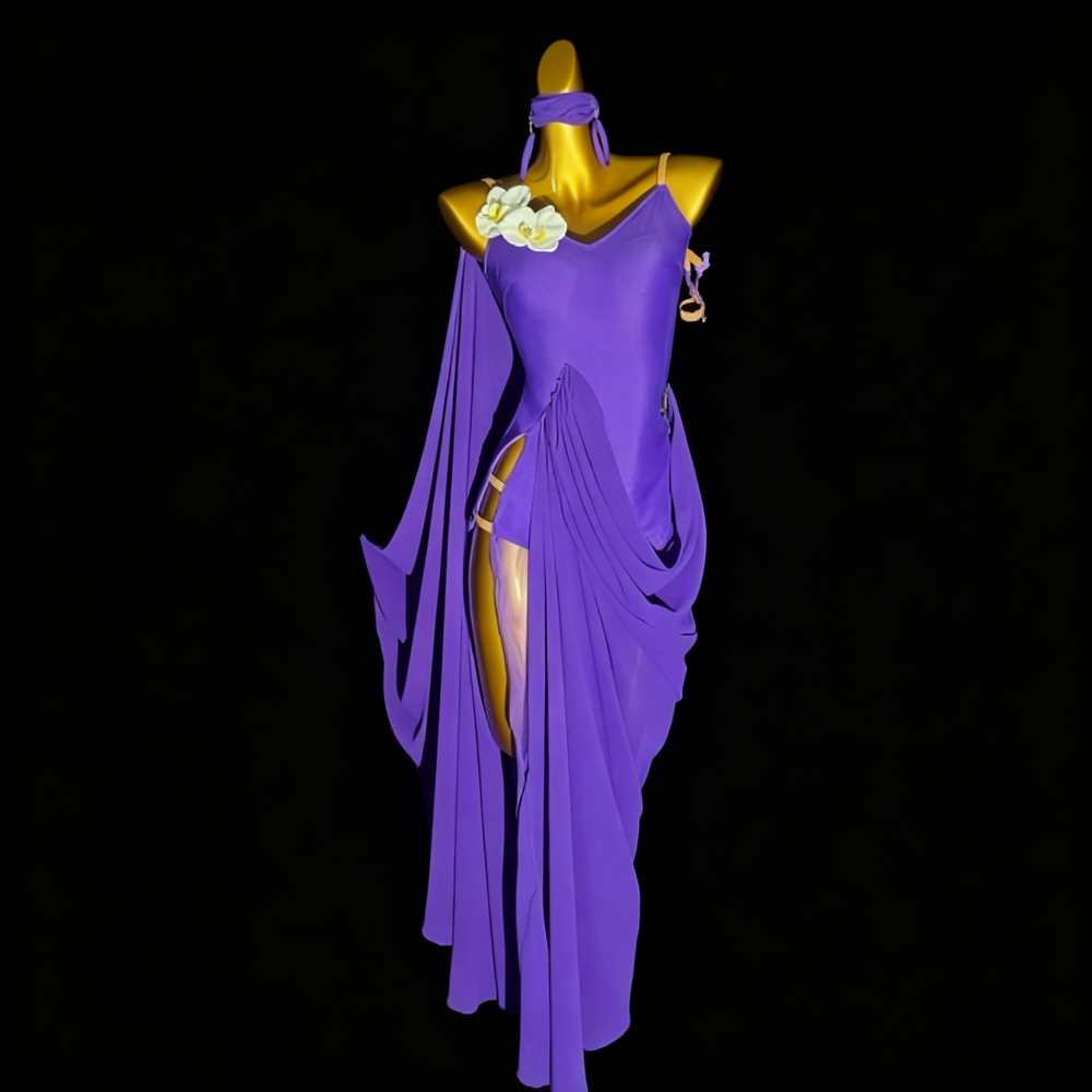 Custom Size Violet Flowers Latin Dance Dress for Women Salsa Chacha Performance Dance Costumes Art Examination