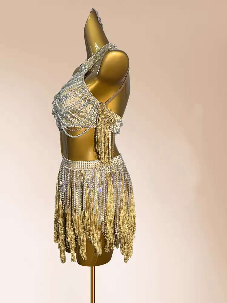 Custom Size Gold Fringe Competition Latin Dress Salsa Chacha Blackpool Performance Costumes