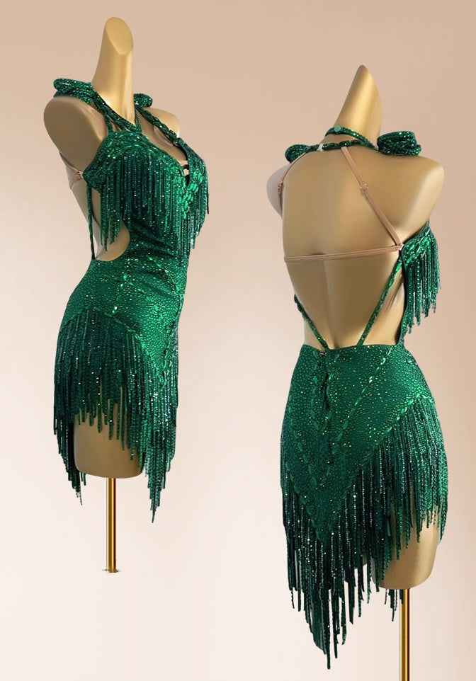 Custom Size Competition Latin Dance Dresses Dark Green Rhinestones Salsa Rumba Chacha Dance Costumes