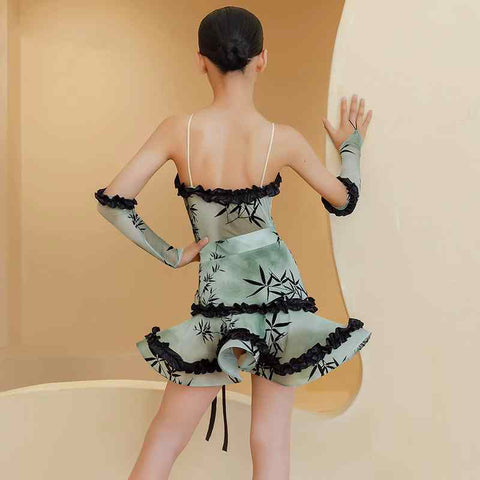 Green Mesh Flowers Latin Dance Dresses for Girls Kids Children Salsa Rumba Ballroom Performance Skirts - Moderndancedress.com