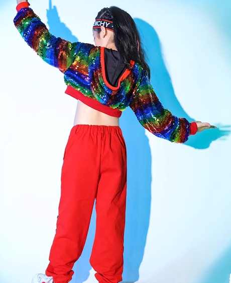 Girls Rainbow Sequins Jazz Dance Costume Hip Hop Street Dance Outfits Rapper Singers Gogo Dancers Drum Set for Kids - Moderndancedress.com