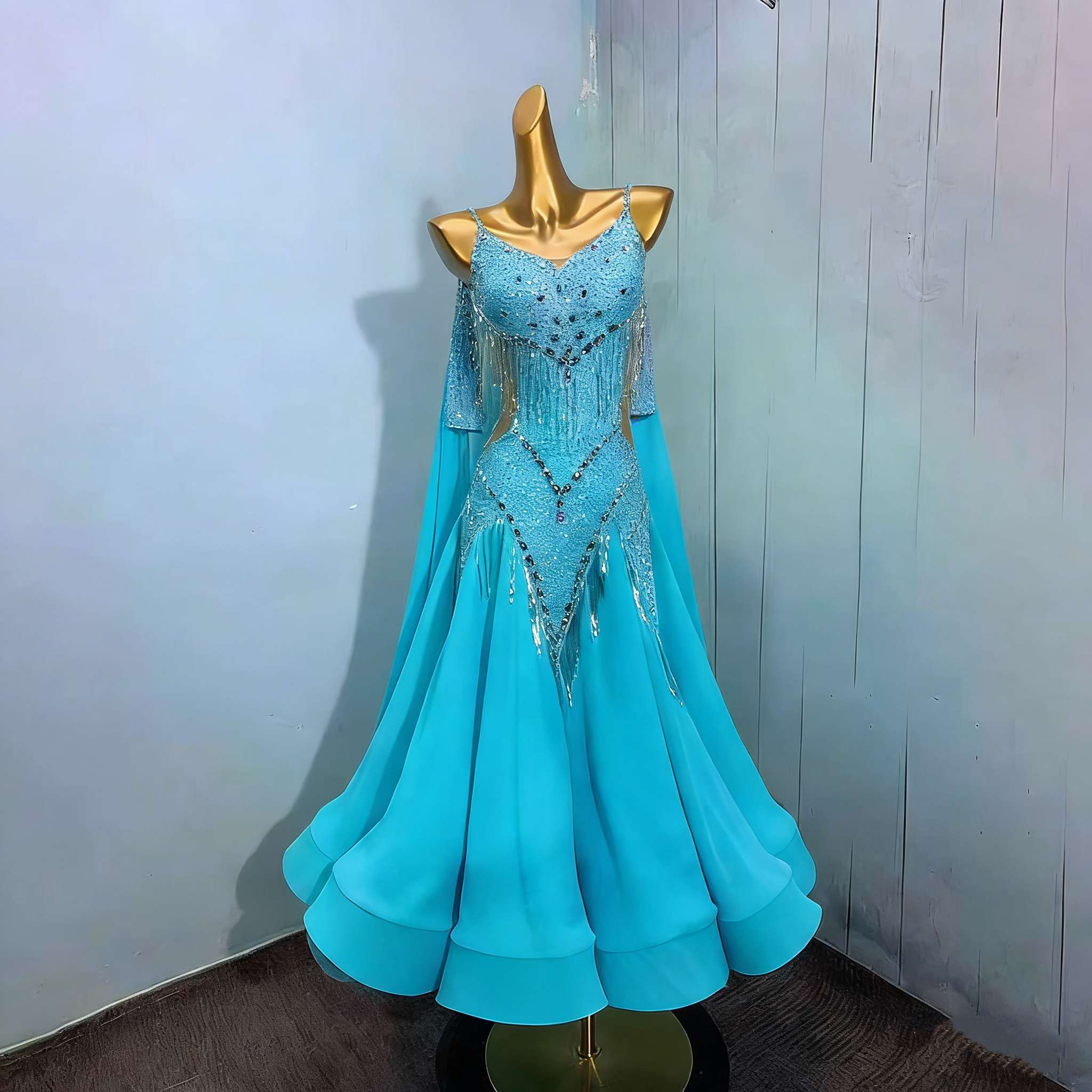 Customized Size Blue Chiffon Ballroom Dance Dresses for Women Gemstones Competition Waltz Tango Performance Costume