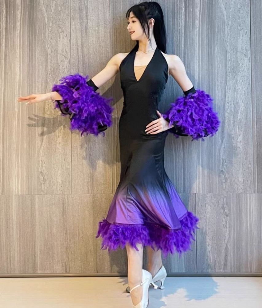 Purple Featther Ballroom Dance Dresses for Women Girls Hater Neck Waltz Tango Sleeveless Swing Skirts - Moderndancedress.com