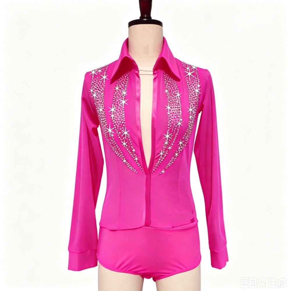 Custom Size Competition Black Fuchsia Latin Ballroom Danec Shirt Long-sleeved Elastic Mesh Back
